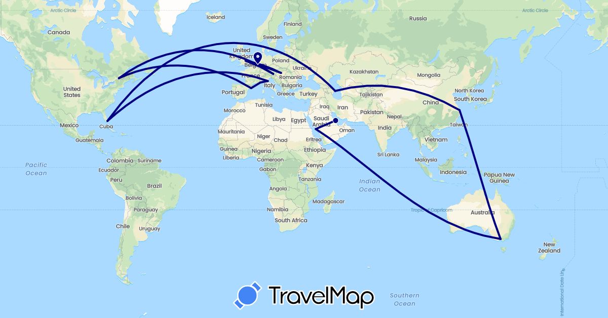 TravelMap itinerary: driving in Austria, Australia, Azerbaijan, Belgium, Bahrain, Canada, China, Spain, United Kingdom, Hungary, Italy, Monaco, Saudi Arabia, United States (Asia, Europe, North America, Oceania)